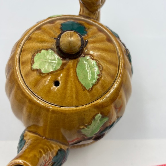 Majolica Pottery Occupied Japan Teapot Acorn Forest Squirrel Handle Ceramic - Picture 4 of 15